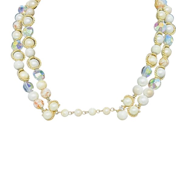 Marvella Faux Pearl/Marble And AB Beads Gold Tone Double Strand Necklace (5447) - Picture 5 of 11